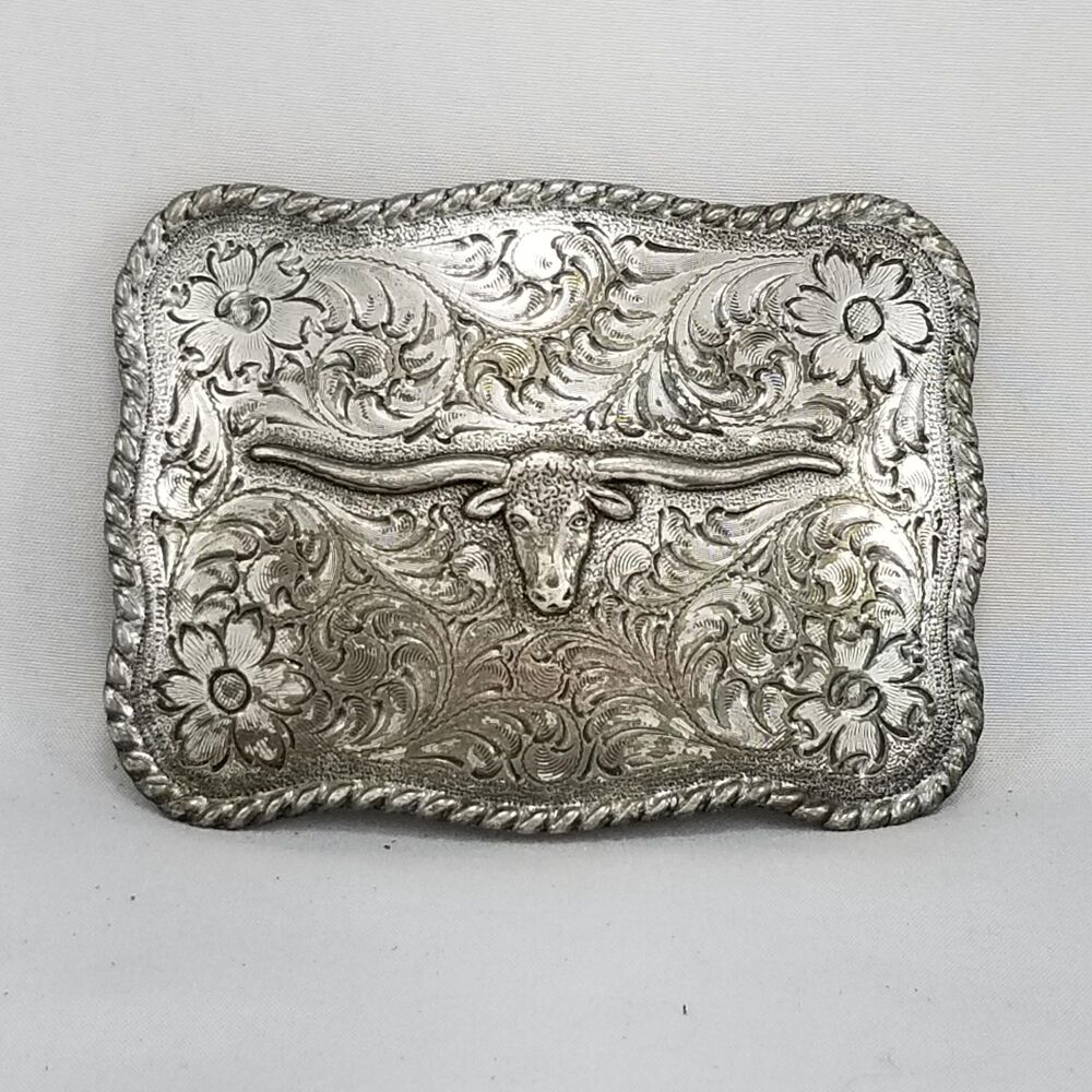 Vintage Nocona Longhorn Belt Buckle, Engraved Silver Western Cowboy Buckle